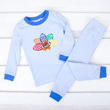 Turkey Football Applique Light Blue Stripe Pajamas