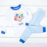 Turkey Applique Light Blue Stripe Pajamas