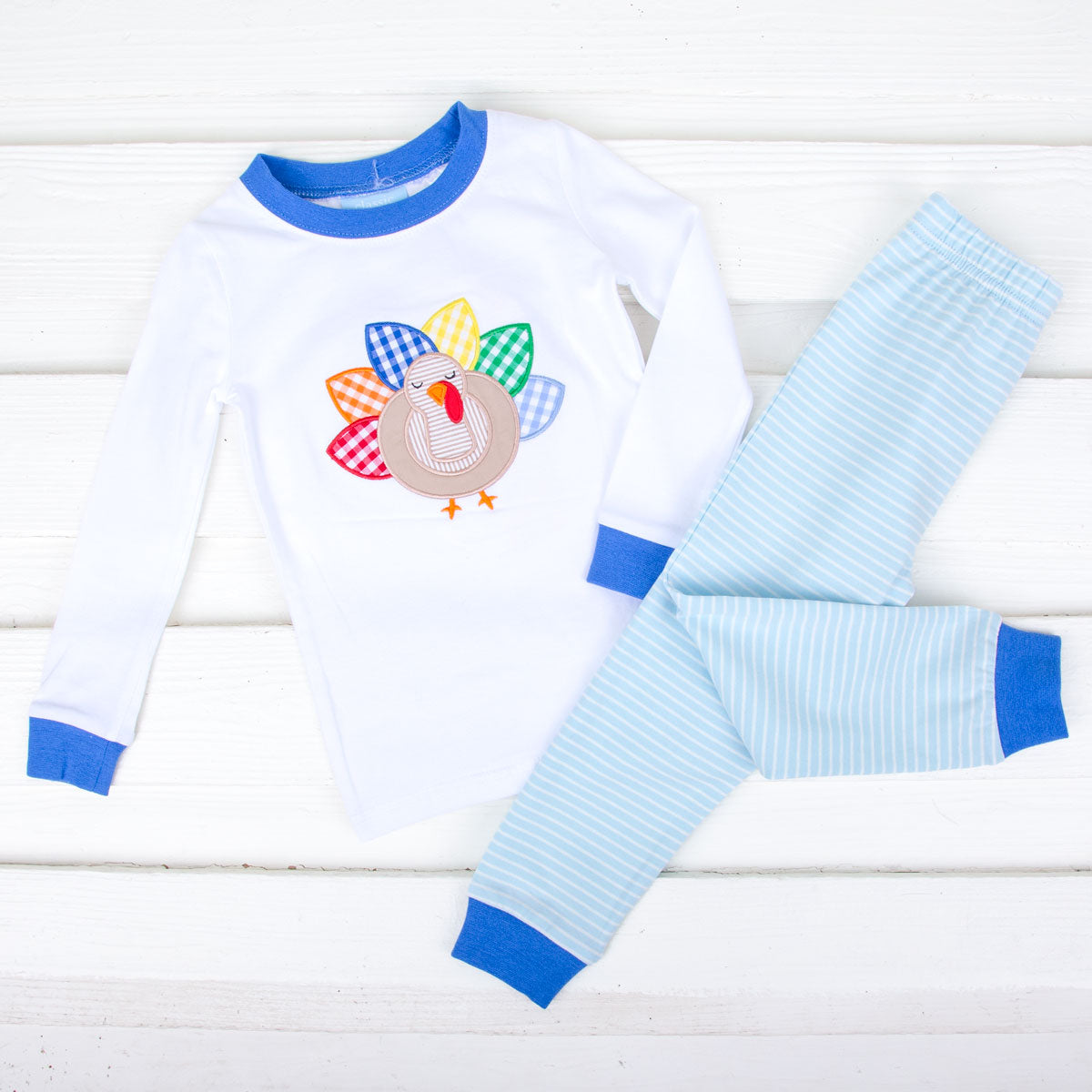 Turkey Applique Light Blue Stripe Pajamas