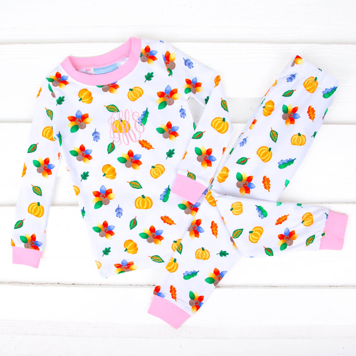 Fall Turkey Print Pink Rib Pajamas