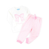 Bow Applique Pink Gingham Jogger Set
