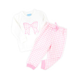 Bow Applique Pink Gingham Jogger Set