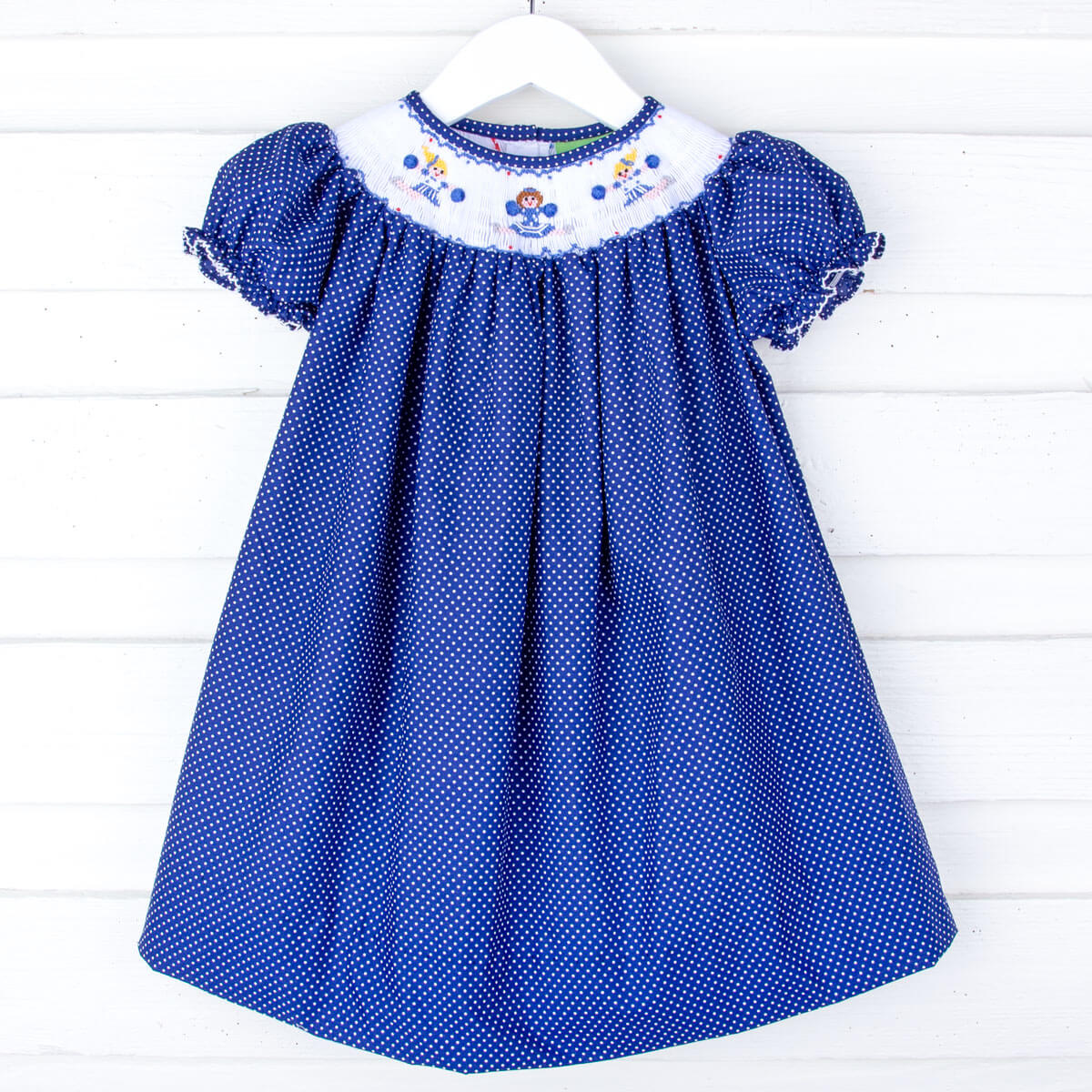 royal blue with white dress Cheerleader Smocked Royal Blue Polka Dot Bishop Dress – Classic Whimsy
