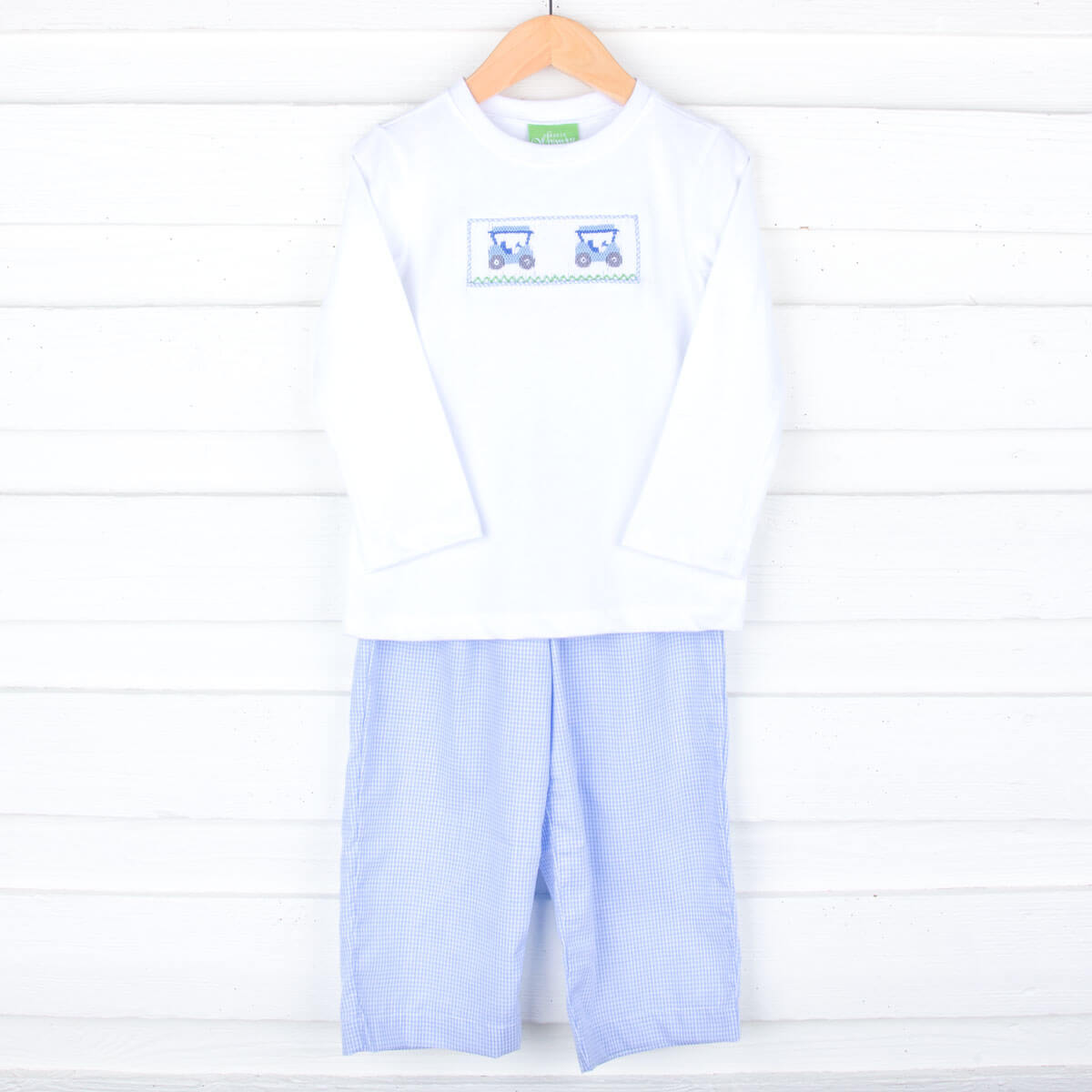 Golf Cart Smocked Blue Gingham Pant Set