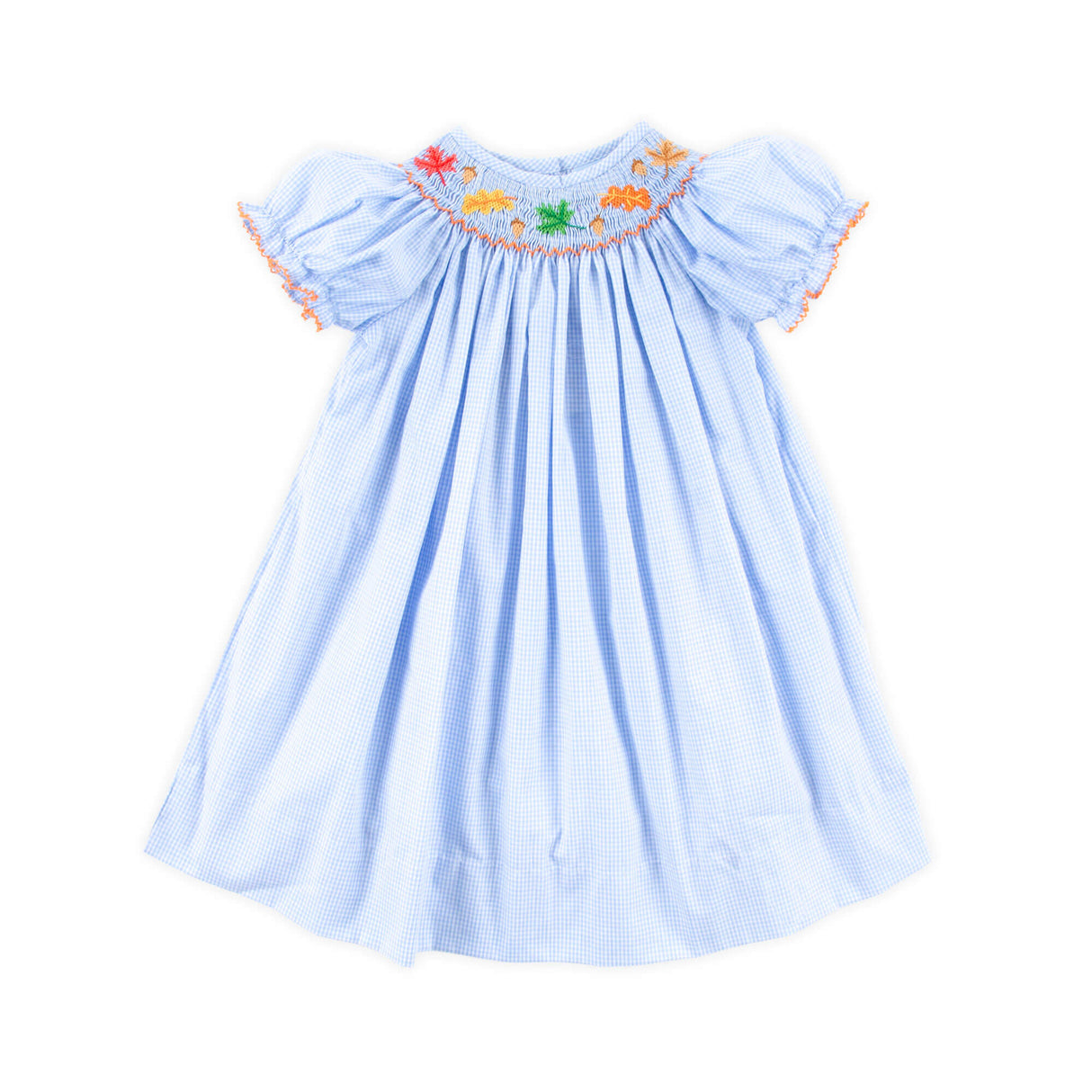 Leaves And Acorn Smocked Light Blue Gingham Bishop Dress