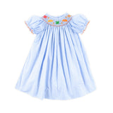 Leaves And Acorn Smocked Light Blue Gingham Bishop Dress