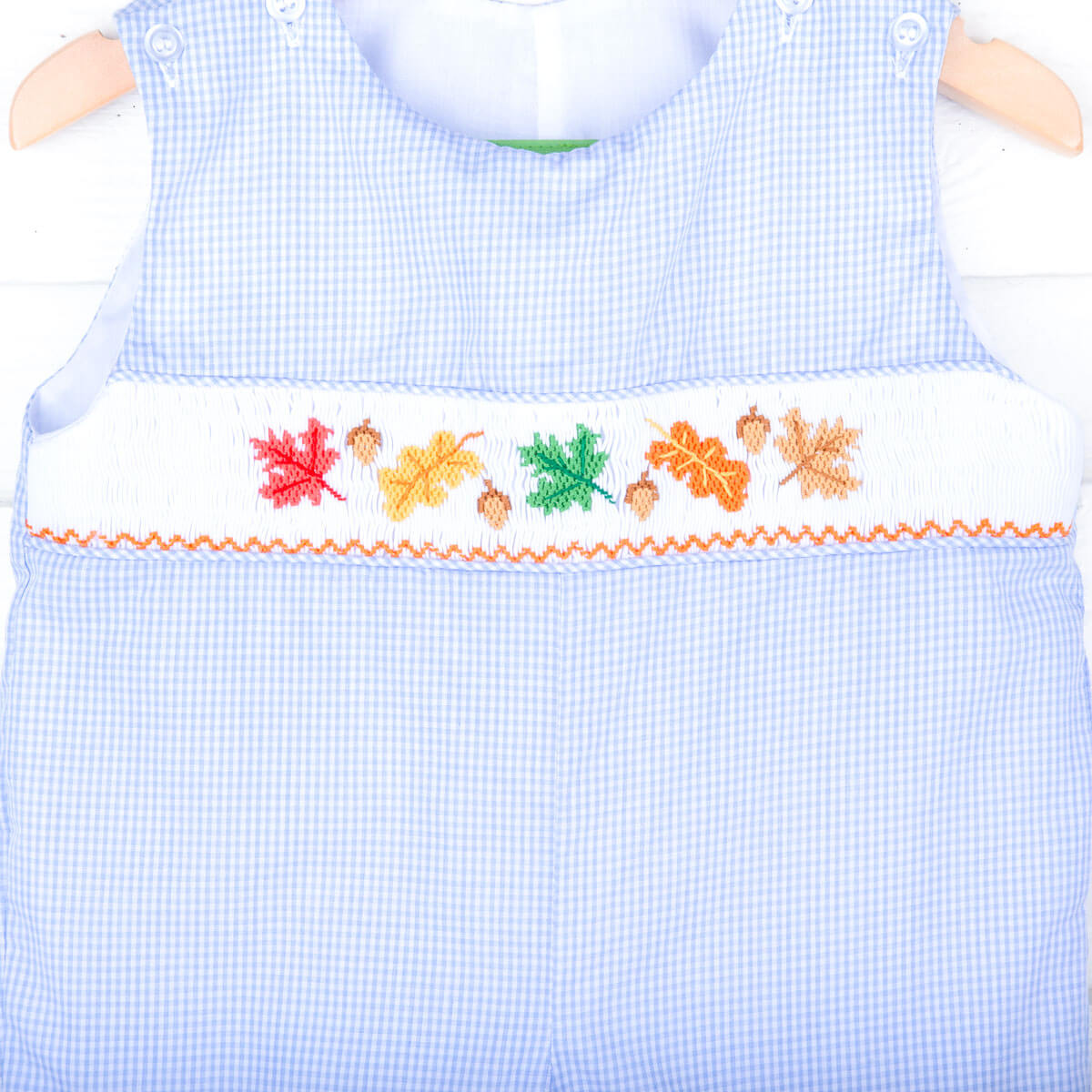 Leaves And Acorn Smocked Light Blue Gingham Longall