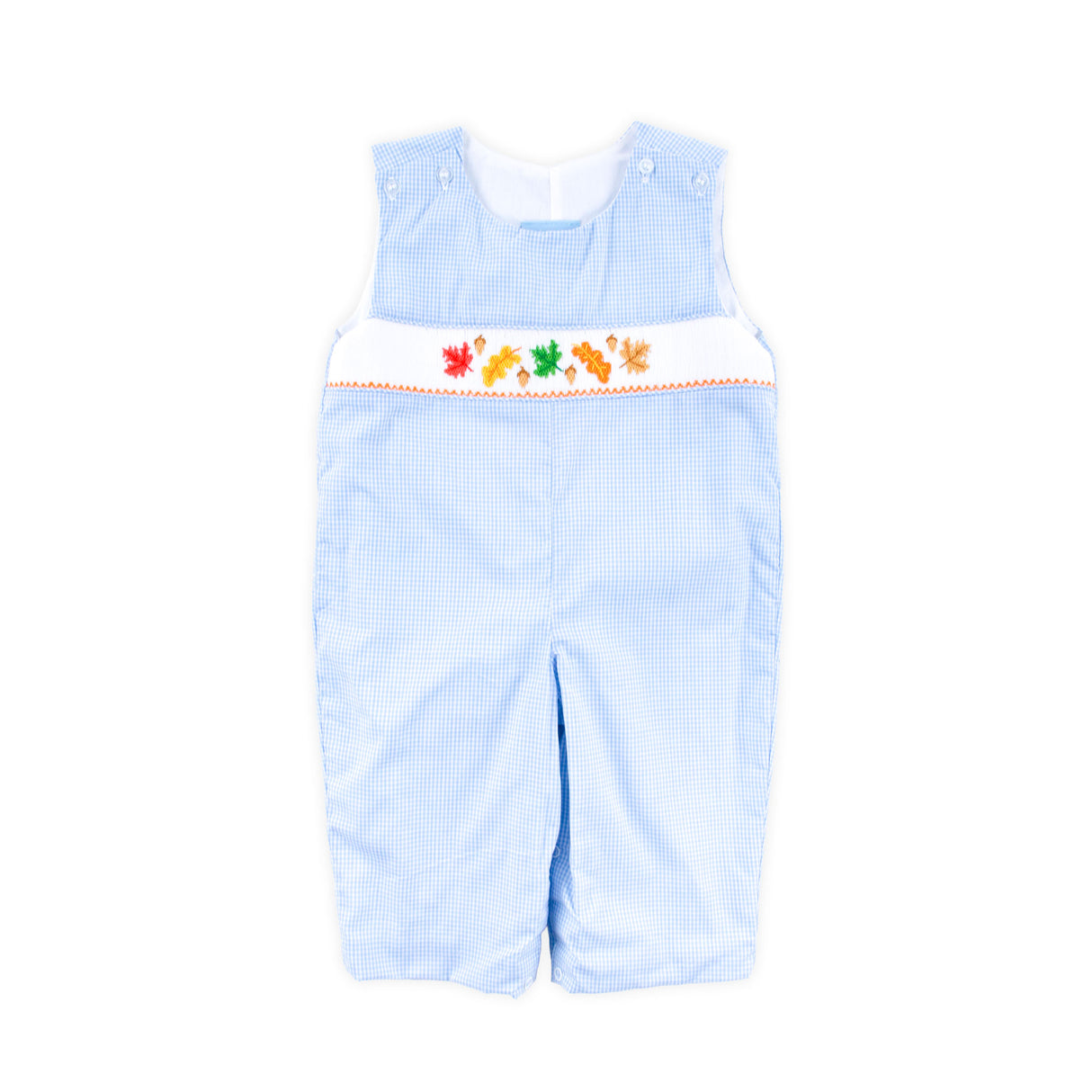 Leaves And Acorn Smocked Light Blue Gingham Longall