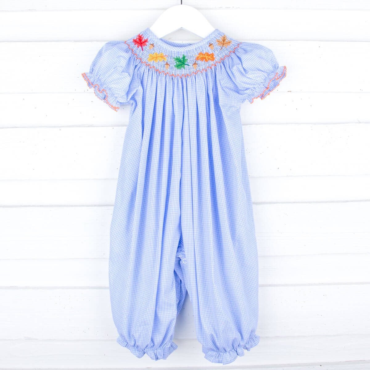 Leaves and Acorn Smocked Light Blue Gingham Long Bubble Classic Whimsy Leaves and Acorn Smocked Light Blue Gingham Long Bubble Classic Whimsy