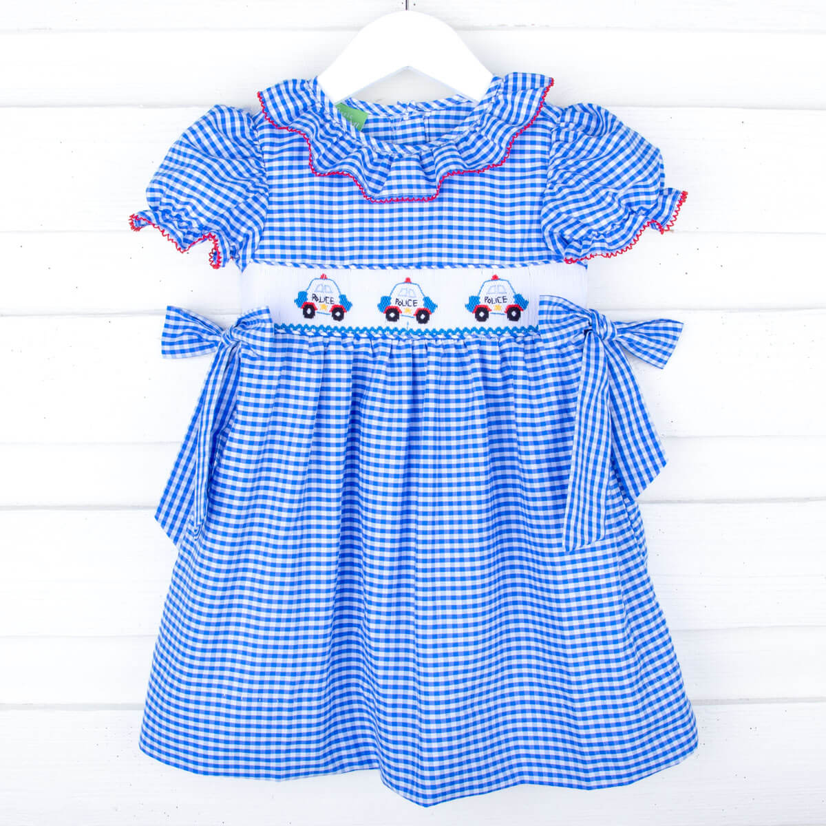 Police Smocked Blue Gingham Side Tie Bow Dress Classic Whimsy Police Smocked Blue Gingham Side Tie Bow Dress Classic Whimsy