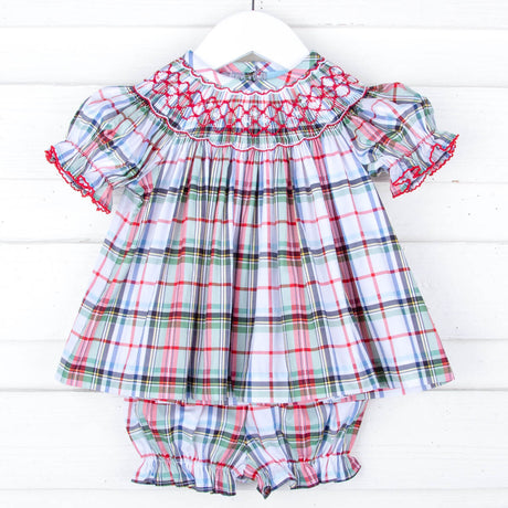 Douglas Plaid Smocked Bishop Bloomer Set