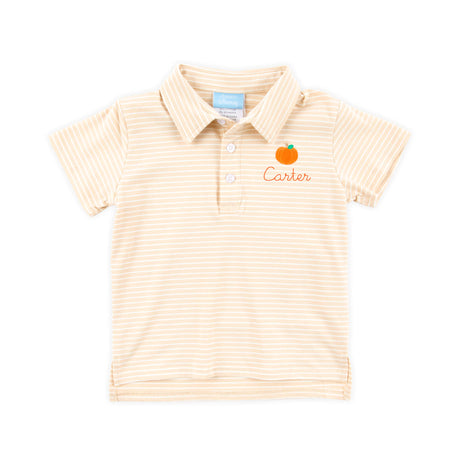 Sweet Pumpkin Embroidered Tan Stripe Polo Shirt