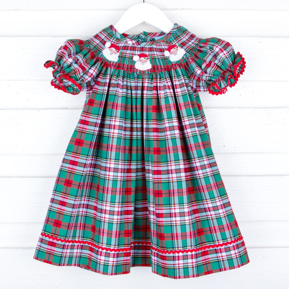 Merry & Bright Plaid Smocked Santa Bishop Dress