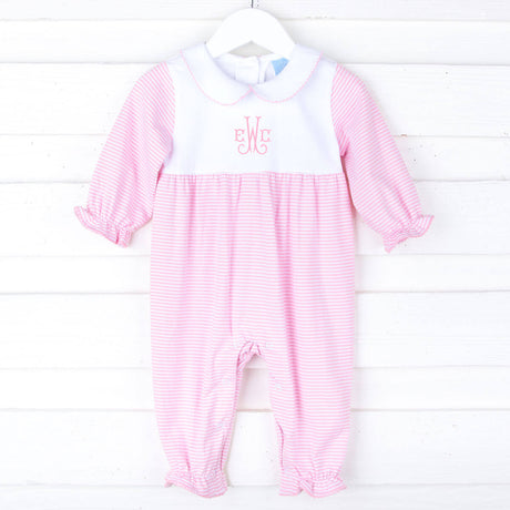 Pink & White Stripe Ruffle Romper
