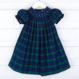 Hamilton Plaid Navy & Green Smocked Bishop Dress