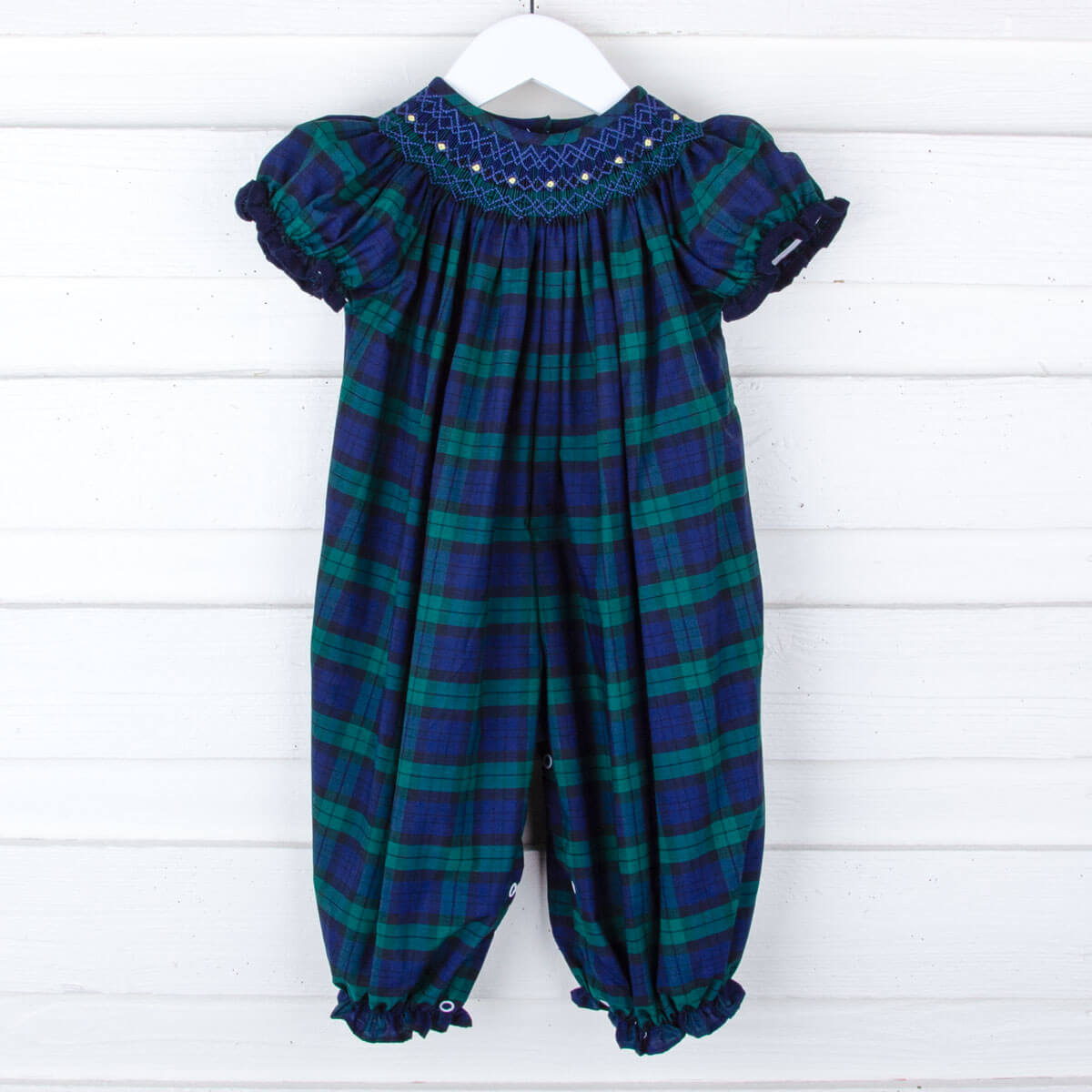 Hamilton Plaid Navy & Green Smocked Long Bubble