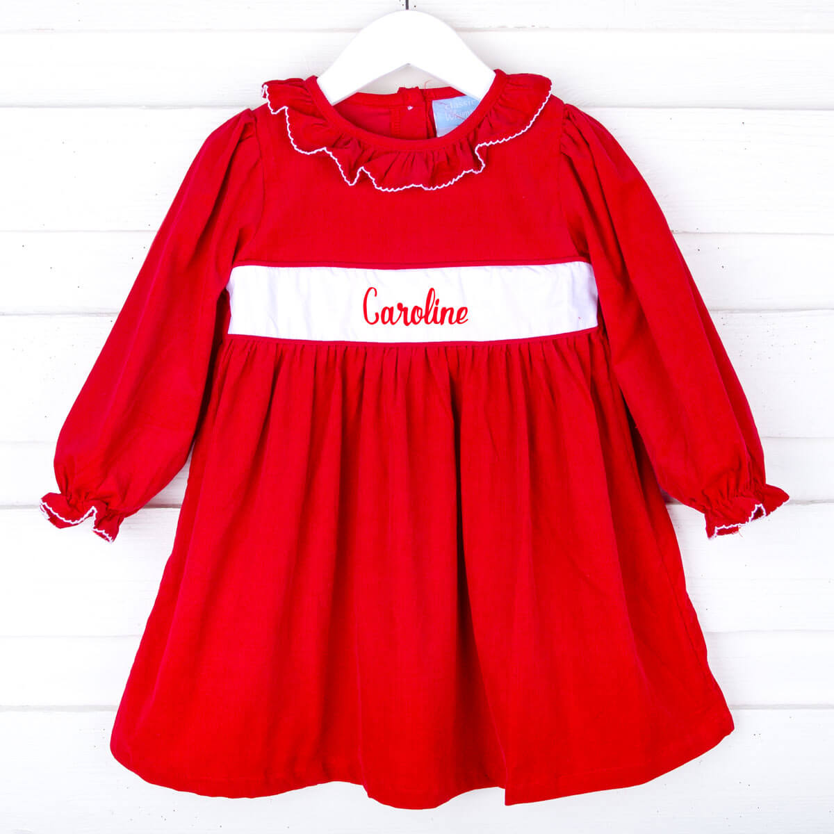 Red Corduroy Ruffle Collared Dress