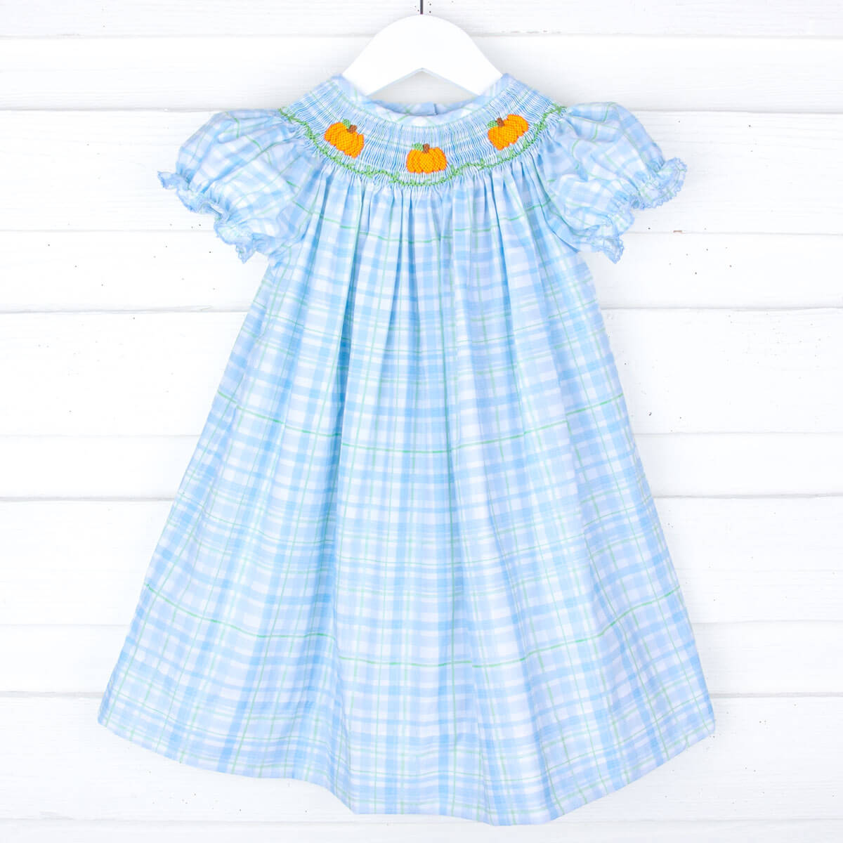 Pumpkin Smocked Blue & Green Plaid Bishop Dress