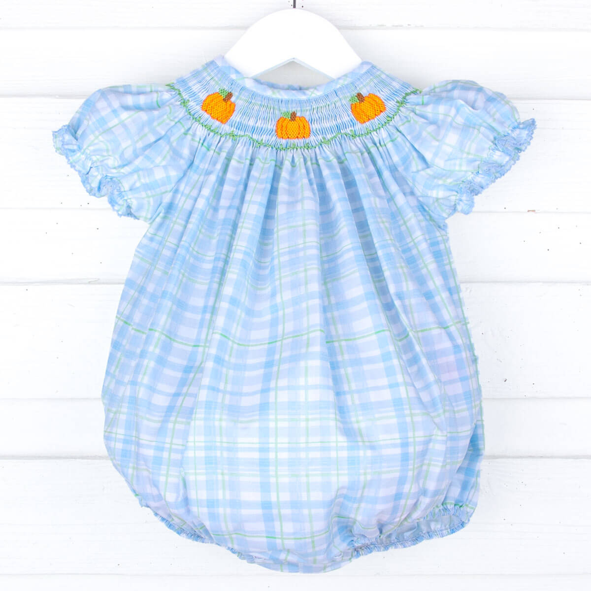 Pumpkin Smocked Blue & Green Plaid Bubble