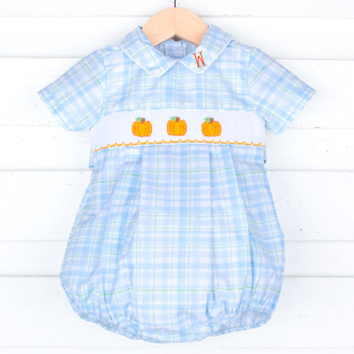 Pumpkin Smocked Blue & Green Plaid Collared Bubble