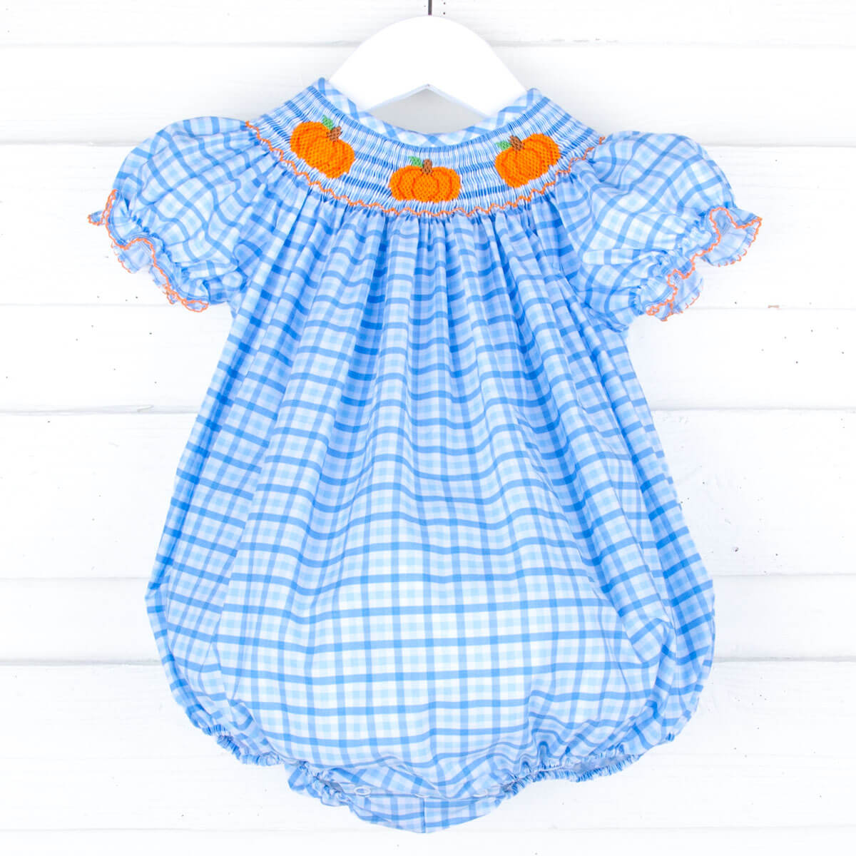 Little Pumpkin Blue Gingham Smocked Bishop Bubble