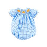 Little Pumpkin Blue Gingham Smocked Bubble