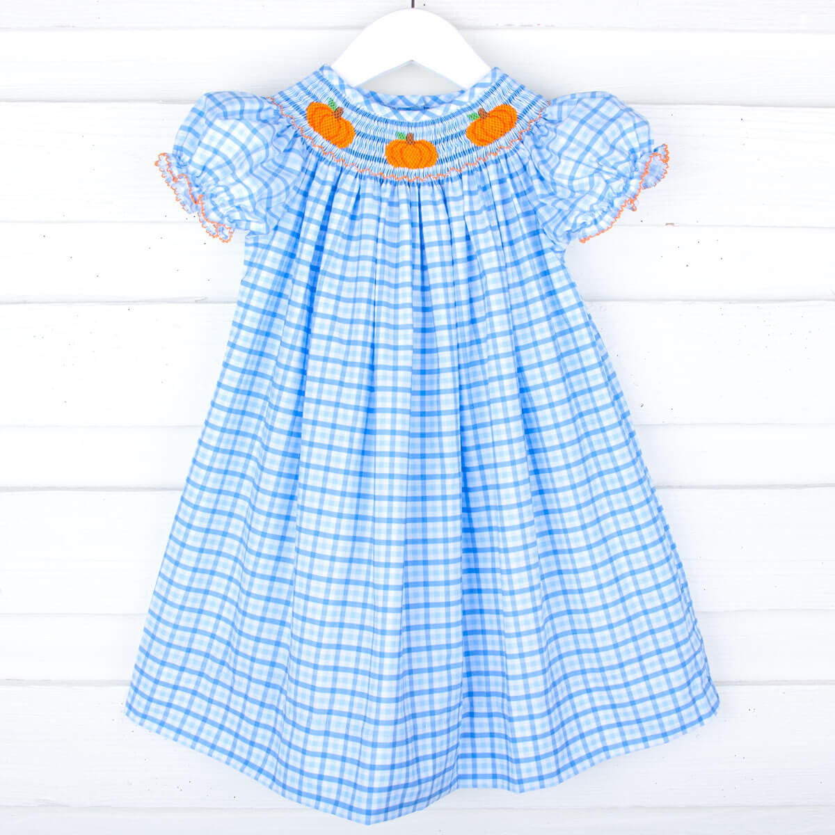 Little Pumpkin Blue Gingham Smocked Bishop Dress