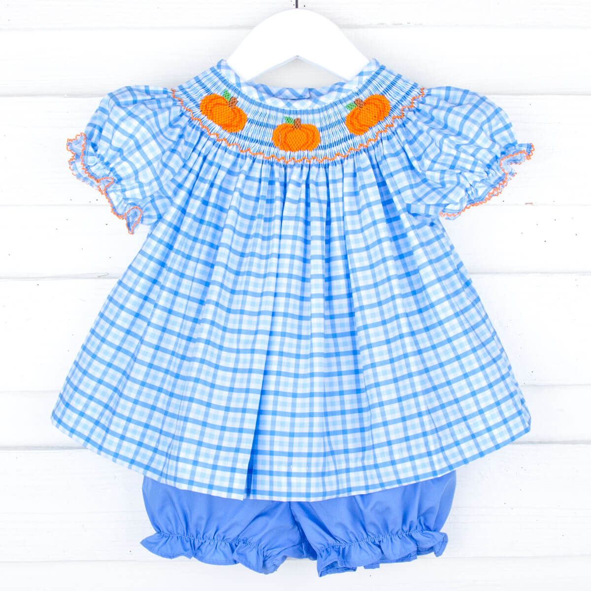 Little Pumpkin Blue Gingham Smocked  Bloomer Set