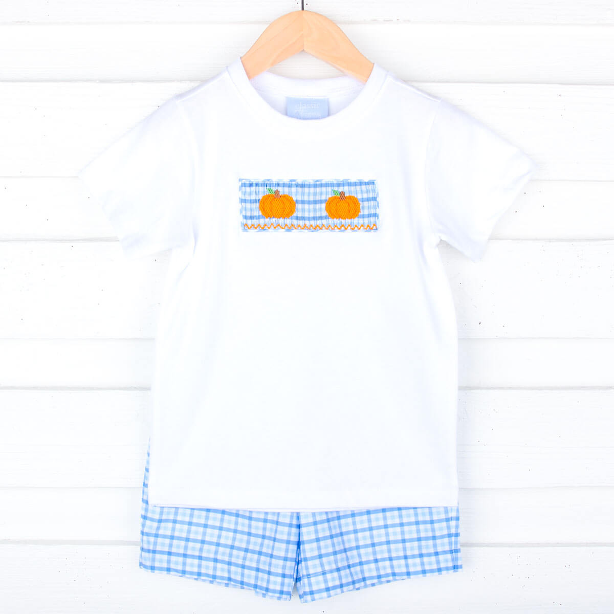 Little Pumpkin Blue Gingham Smocked Short Set