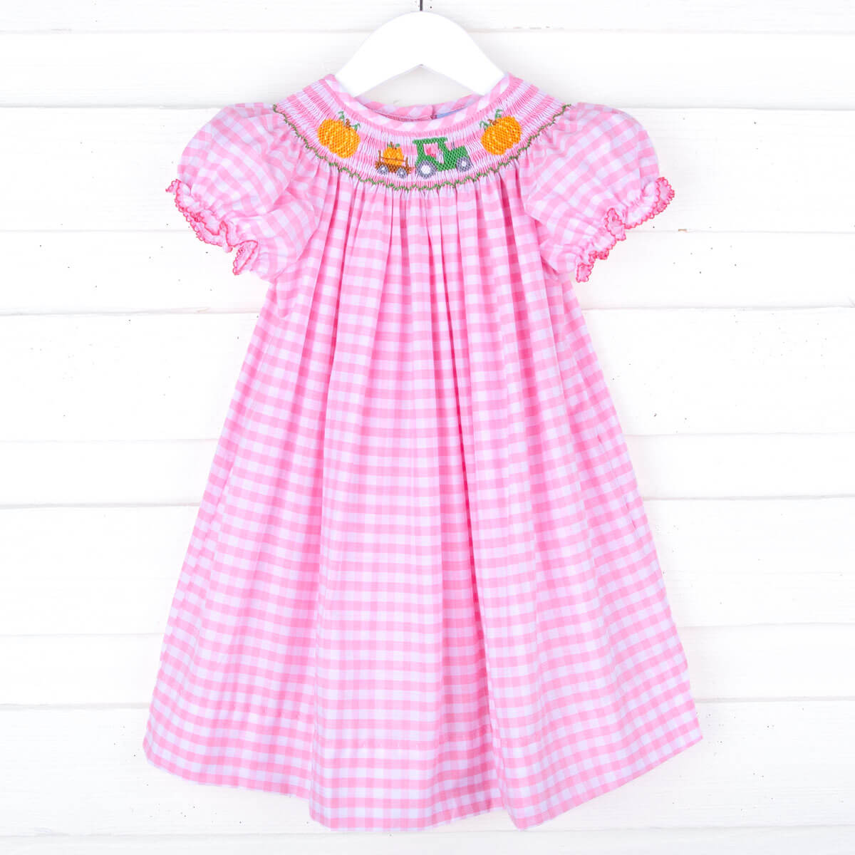 Pumpkin Hayride Pink Check Smocked Bishop Dress