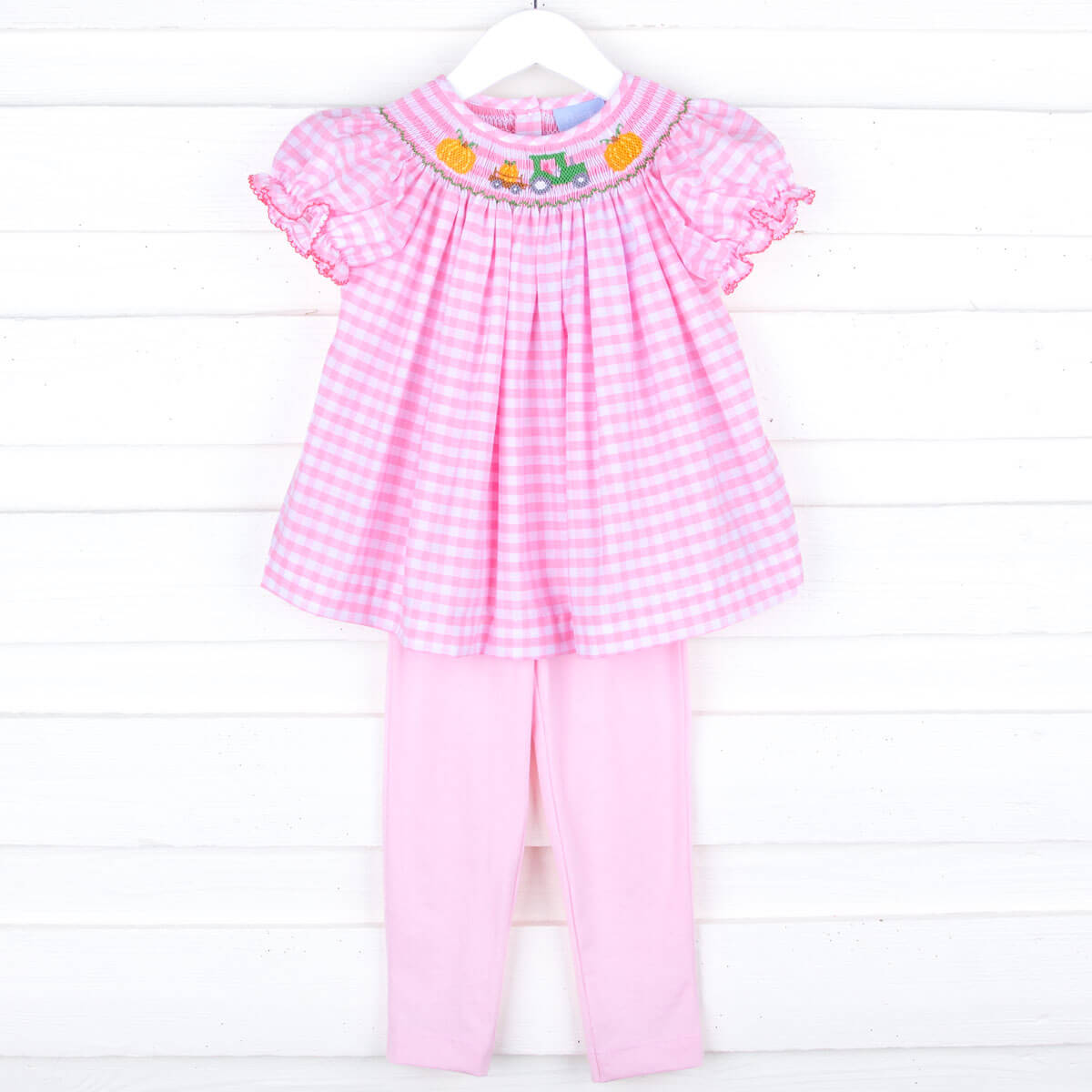 Pumpkin Hayride Pink Check Smocked Legging Set