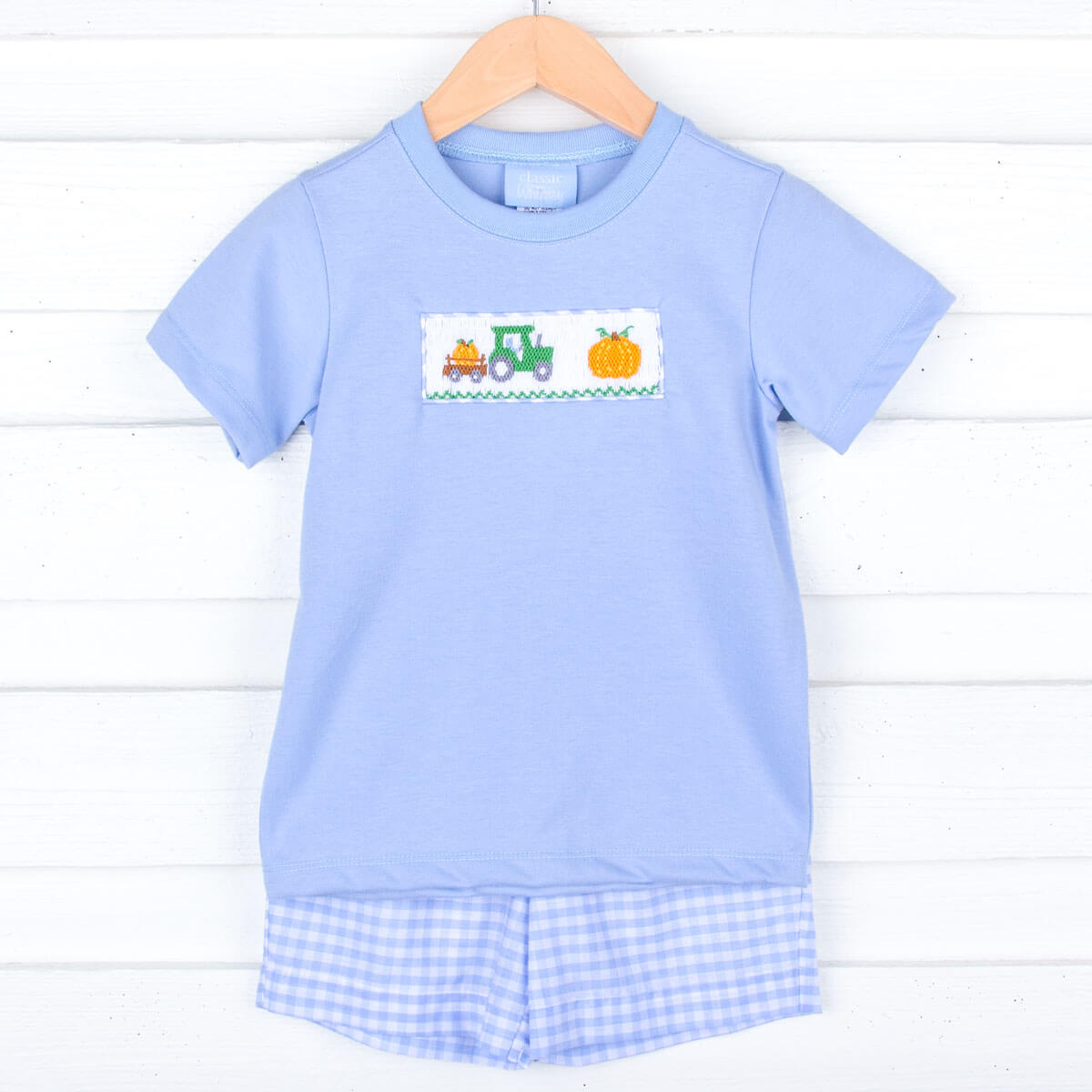 Pumpkin Hayride Blue Check Smocked Short Set