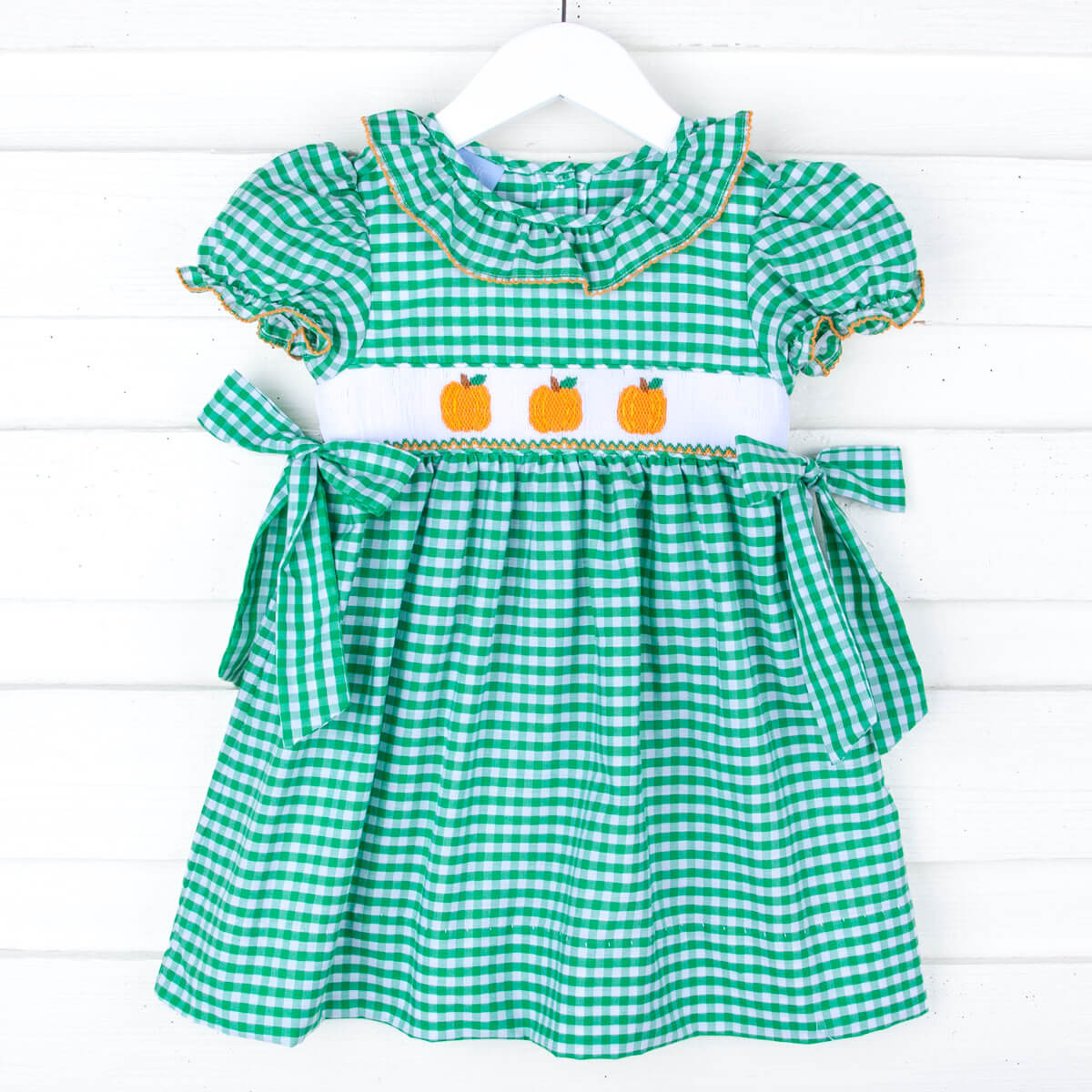 Pumpkin Cutie Green Gingham Smocked Beverly Dress