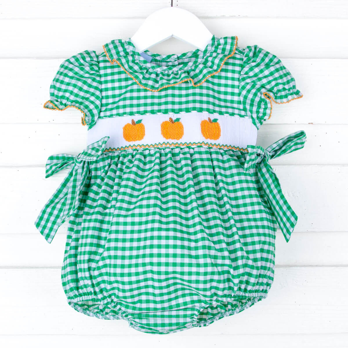 Pumpkin Cutie Green Gingham Smocked Beverly Bubble