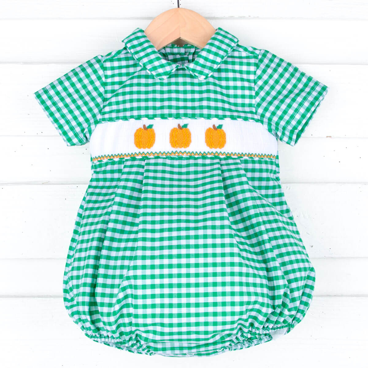 Pumpkin Cutie Green Gingham Smocked Collared Bubble