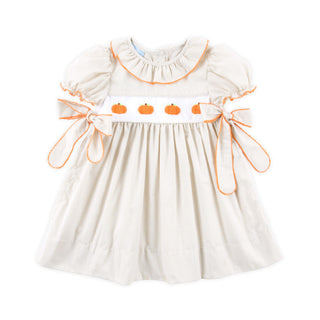 PUMPKIN FRENCH KNOT TAN GINGHAM BEVERLY DRESS