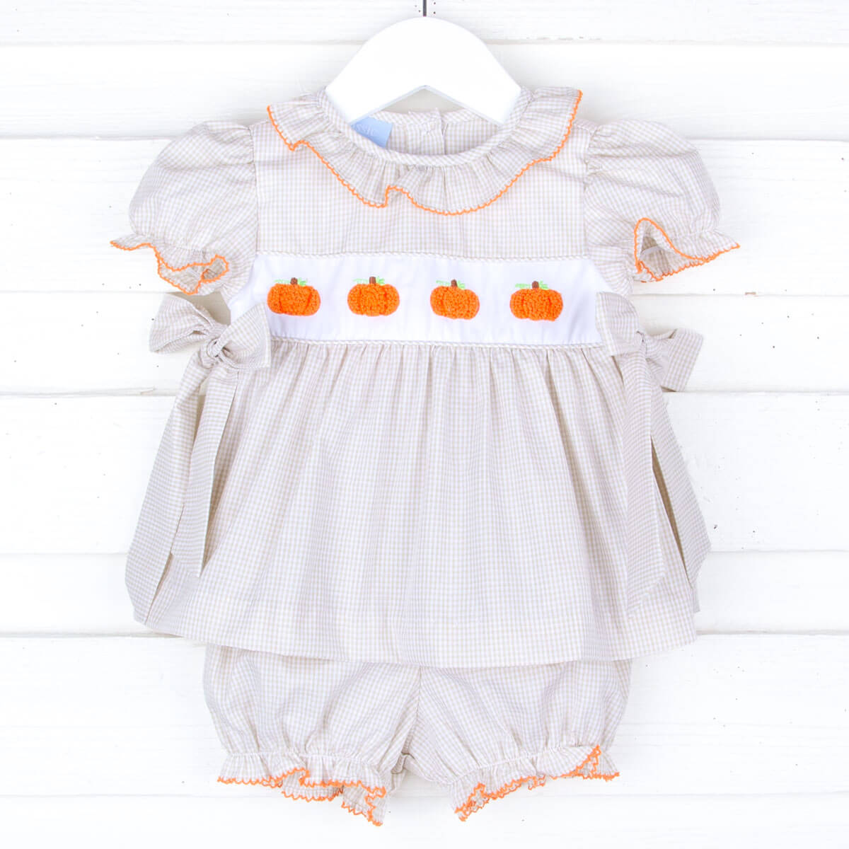 Pumpkin French Knot Tan Gingham Beverly Bloomer Set