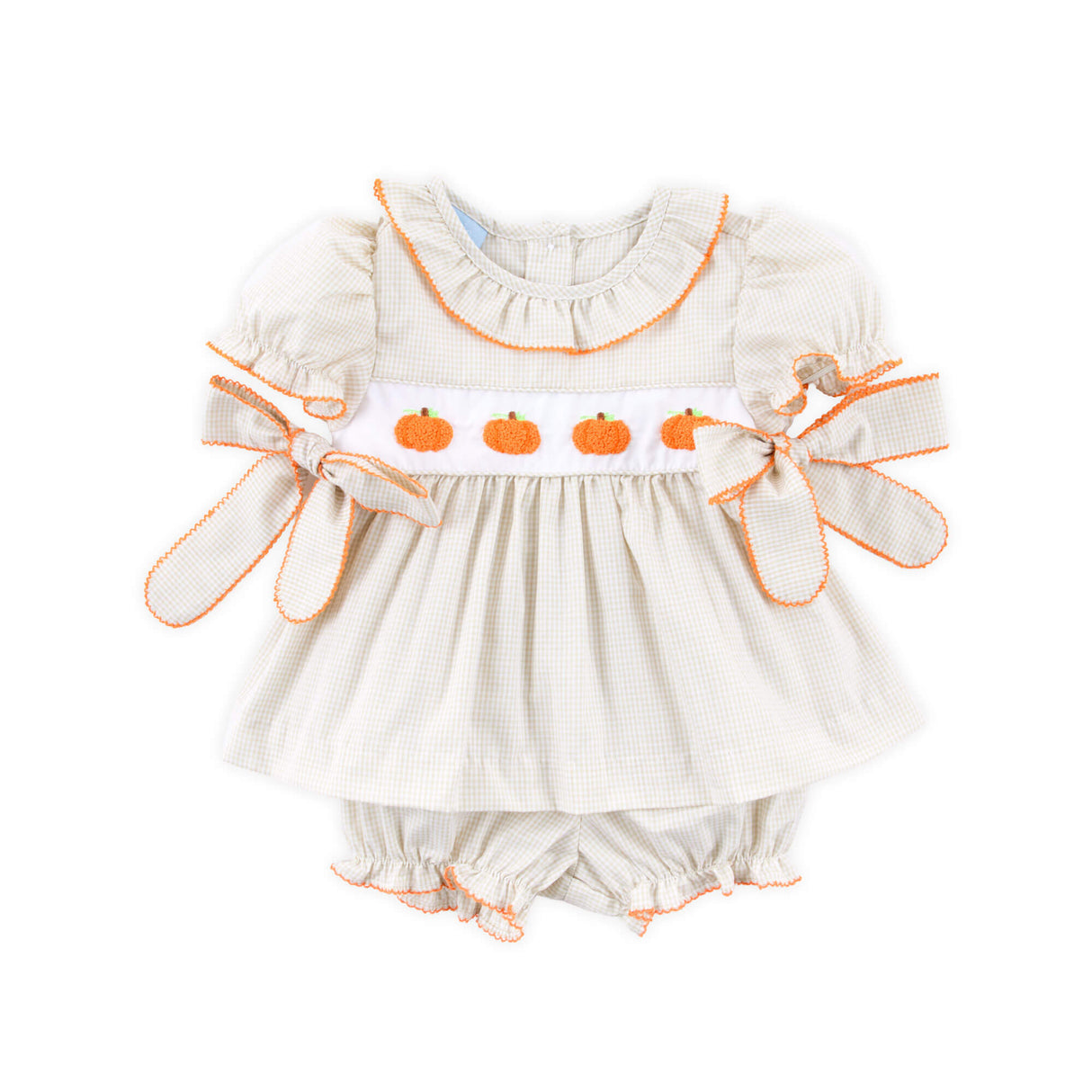 Pumpkin French Knot Tan Gingham Beverly Bloomer Set