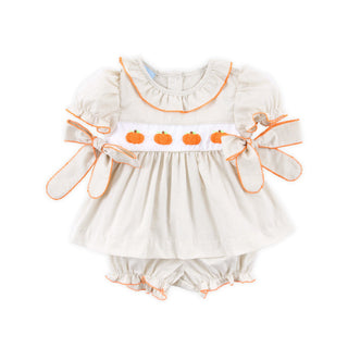 PUMPKIN FRENCH KNOT TAN GINGHAM BEVERLY BLOOMER SET