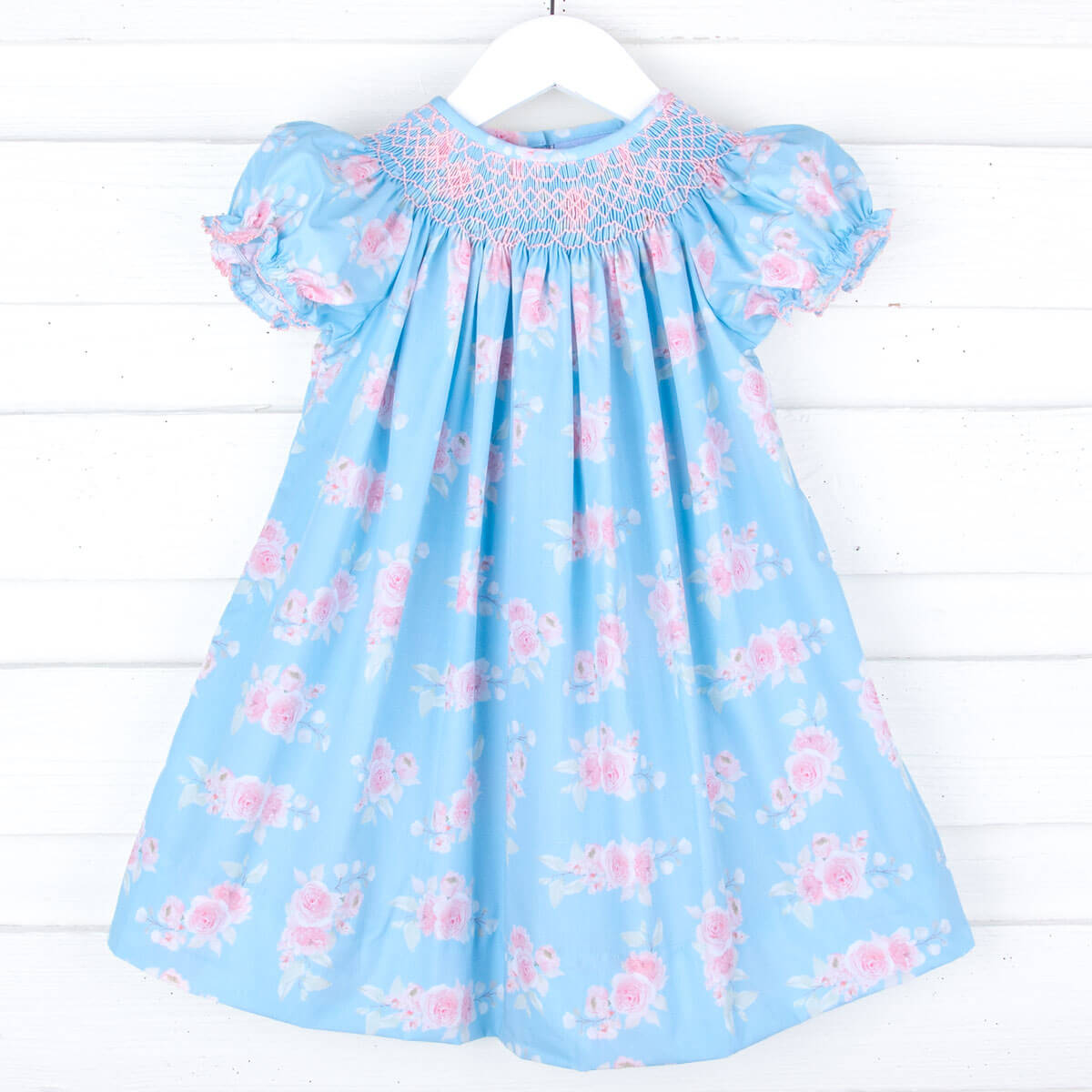 Pink Roses Smocked Blue Bishop Dress