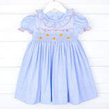 Harvest Pumpkin Light Blue Gingham Smocked Ruffle Collar Dress