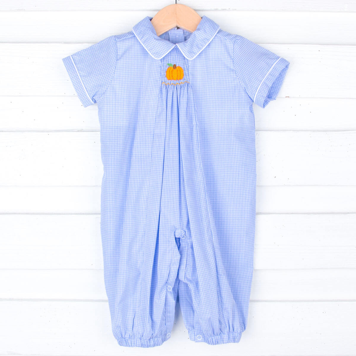 Delightful Pumpkin Light Blue Gingham Smocked Romper