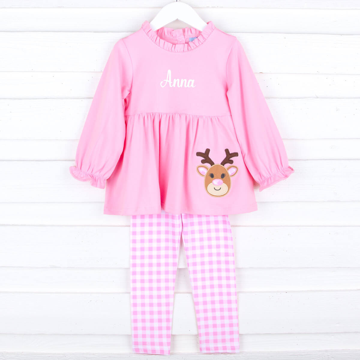 Reindeer Pink Gingham Smocked Aria Legging Set