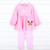 Reindeer Pink Gingham Smocked Aria Legging Set