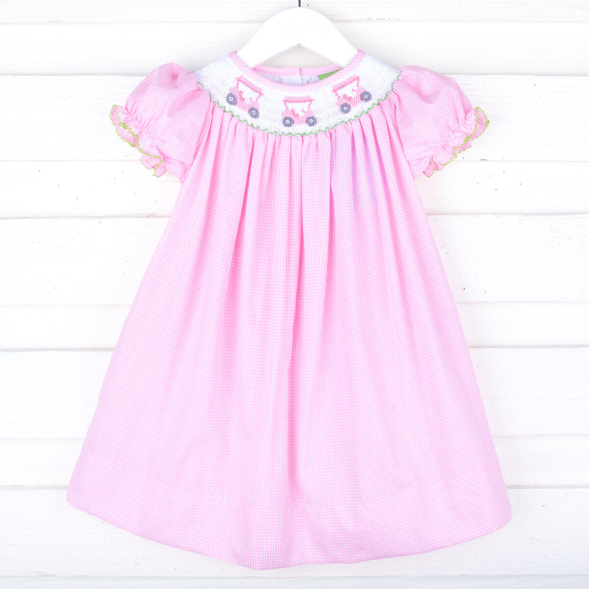 Golf Cart Smocked Pink Gingham Bishop Dress