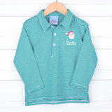 Happy Santa Green Stripe Long Sleeve Polo