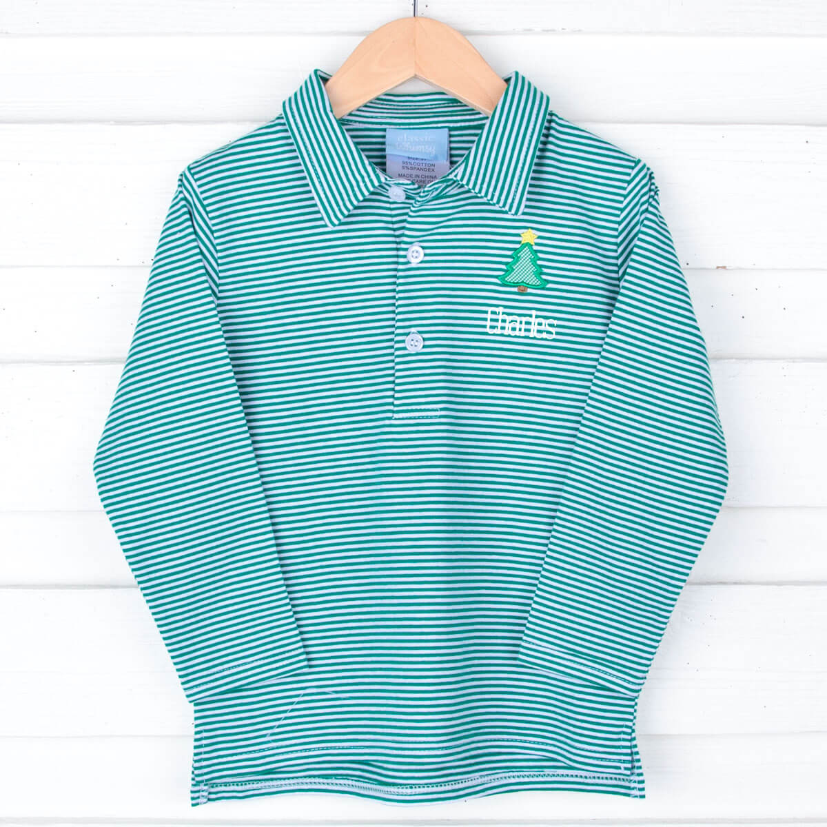 Christmas Tree Green Stripe Long Sleeve Polo