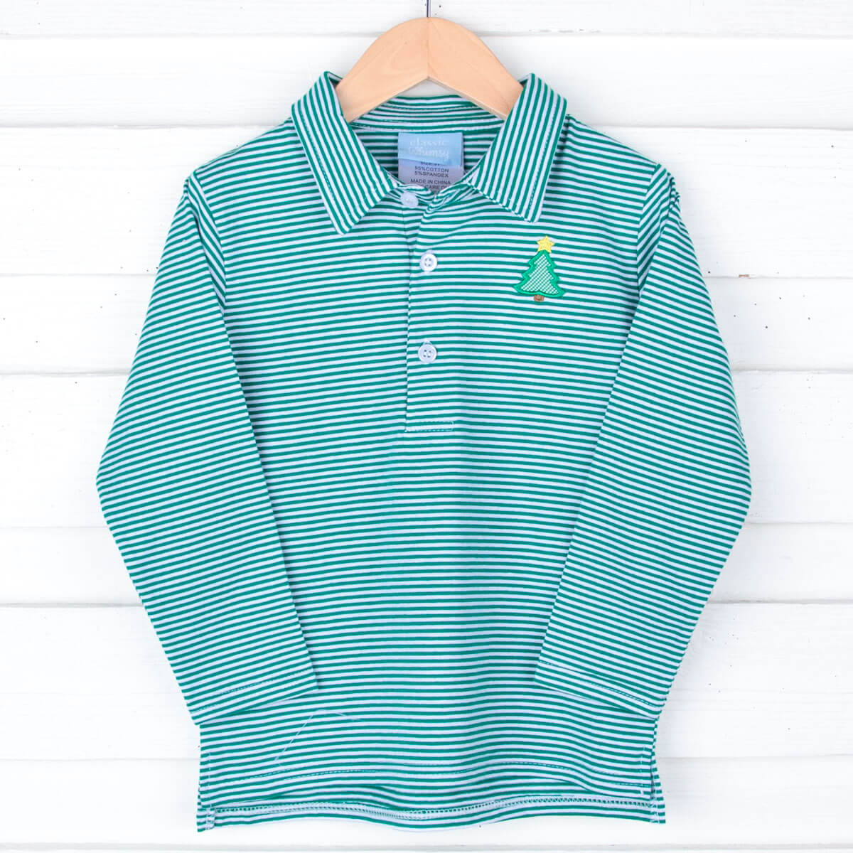 Christmas Tree Green Stripe Long Sleeve Polo