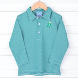 Christmas Tree Green Stripe Long Sleeve Polo