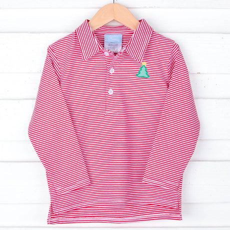 Christmas Tree Red Stripe Long Sleeve Polo